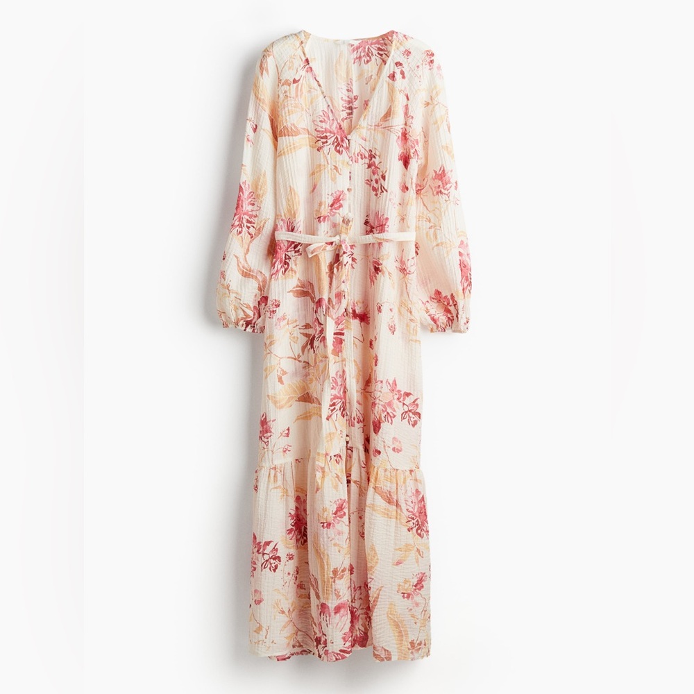 H&M Tie-Belt Crepe Floral Maxi Dress Size XL Balloon Sleeves Beach Coastal Vacay - Picture 13 of 14